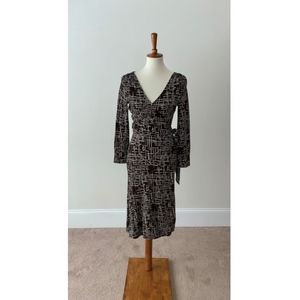Ann Taylor Wrap Dress Brown and White Bamboo Print Size 0 Long Sleeve